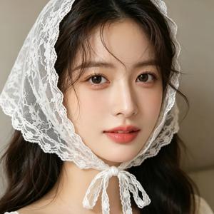 TEMU 레트로 화이트 레이스 메시 헤드 삼각 스카프 헤어 장식 레이스 삼각 스카프 헤어 스카프 헤어 장식 드레스업 꽃 헤어 장식 허리 스카프