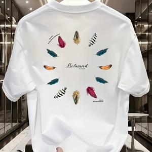 1개 깃털 생생한 프린트 패턴 티셔츠, 편안한 약간의 신축성 라운드넥 반팔, 여름 야외 캐주얼, 휴일 선물