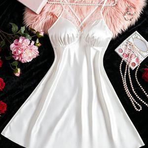 TEMU 여성용 단색 레이스 브이넥 새틴 나이트가운, 조절식 십자형 오픈백 스파게티 멜빵 원피스, 우아한 봄 여름 실내복