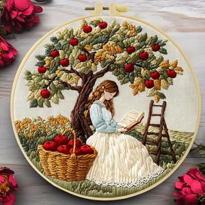 TEMU ZUOANLF 1개 자수 키트, 20x20cm/7.9x7.9인치, 사과 나무 아래에서 책을 읽는 소녀, 수제 DIY 자수 키트, 성인 초보자용, 천, 설명서, 자수틀, 바늘과 실 포함, 친구나 가족을 위한 선물, 집이나 사무실을 위한 수제 예술품