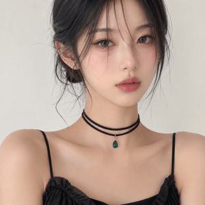 TEMU 그린 물방울 젬스톤 두줄 초커 여성 레이어드 패션 목걸이