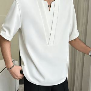 TEMU 남성용 반팔 블라우스 셔츠 - 캐주얼 루즈핏 단색 튜닉 탑, 기계 세탁 가능, 데일리웨어, 오피스 & 세미 정장용, 스트리트웨어 여름 블라우스, 일상 다용도 의류