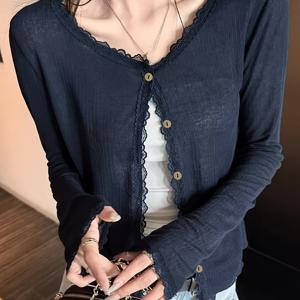 TEMU 솔리드 컬러 레이스 러플 라운드넥 얇은 시어 롱 슬리브 가디건