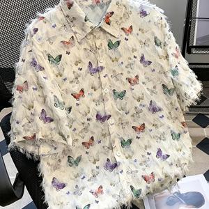 TEMU 남성용 버튼업 셔츠, 재고 있음, 화려한 나비, 입체적인 술 장식, 반팔, 여름, 남녀공용, , 니치, 스웨거 자켓