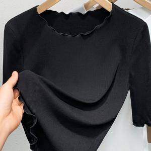 TEMU 2025년 봄/가을 신상 여성용 7부 소매 티셔츠. 로우넥 라인과 러플 엣지가 돋보이는 스타일리시한 베이스 레이어로 완벽합니다.