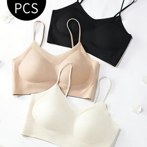 여성용 속옷 3개 세트, 얇고 통기성 좋으며 편안하고 심리스, 철제 링 없음, 얇은 어깨끈, 고정형 컵, 모음형, 단색 내부 브라