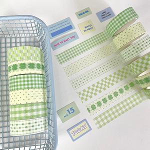 TEMU 3롤 세트 초록색 와시 테이프, 선물 포장, 스크랩북킹, 저널용 - 격자무늬 & 클로버가 있는 랜덤 패턴, DIY 공예, 선물 포장 및 스크랩북킹 용품에 적합