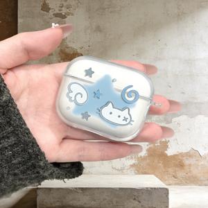 TEMU 귀여운 아기 고양이, 별, 구름 패턴 디자인 투명 보호 케이스, for 3/4/Pro/Pro2/Pro3 호환, 가볍고 내구성이 뛰어나며 부드러운 TPU 소재, 낙하 방지 및 스크래치 방지 이어폰 커버