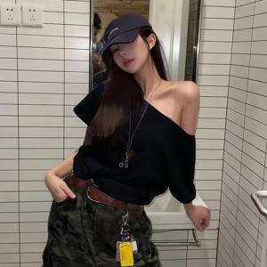 TEMU Lele 디렉셔널 퍼스 컬러 아메리칸 레트로 레터 프린트 오프숄더 반팔 티셔츠 여성 여름 신상 루즈핏 디자인 센스 원어드프린트 오프숄더 탑