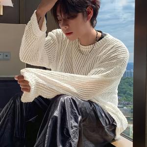 TEMU Tongtong 여름 얇은 할로우 메쉬 라운드넥 루즈핏 남성 니트 긴팔 상의 로브
