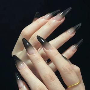 TEMU 48개 블랙 그레이 그라데이션 포인티드 프레스온 네일 아이스 퀸 스타일 롱 그라데이션 인조 네일 탈부착 네일 아트 데일리 출퇴근, 다크 에스테틱 의상, 이브닝 파티, 니치 분위기 스타일링, 도구 포함