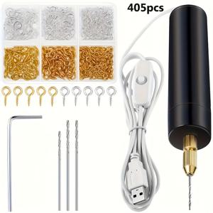 TEMU 405개 미니 전기 드릴 USB 소형 전기 드릴 양용 아일렛 손동력 드릴 아이펀칭펜 휴대용 핸드헬드 USB 전기 드릴 키트