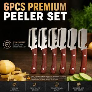 TEMU 두꺼운 용접강 다기능 필러 세트 6pcs (3pcs 톱니 슬라이서 및 3pcs 납작날 필러) | 인체공학적 우드 그레인 미끄럼 방지 핸들 | 필링/슬라이싱/병 개방 3-In-1 정밀 주방 도구 | 주방 필수품