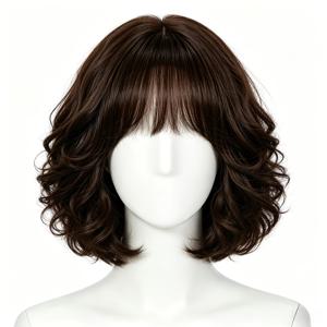 TEMU 9.8인치 다크 브라운 앞머리 있는 짧은 곱슬 단발 가발, 여성용 내열성, 일상 출퇴근용으로 이상적