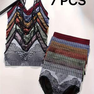 TEMU 7세트 스포티 란제리 세트, 컬러 블록 리브 캐미 브래 & 팬티, 여성 란제리 & 속옷