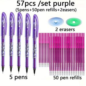 크리에이티브 0.5mm 지울 수 있는 젤 펜 세트, 실수는 사라지게, 세척 가능한 손잡이 매직 리필 막대 문구 사무용 필기구(펜 5개+리필 50개+지우개 2개)