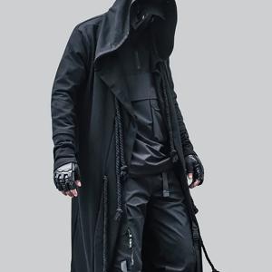 TEMU 남성 패션 스트리트 스타일 루즈핏 롱 셔츠 케이프, 퓨어 블랙, 후드 디자인, 스타일리시, 통기성, 피부 친화적, 캐주얼 가디건 코트, 로프 장식