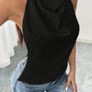 TEMU 1pc 우아한 백리스 슬리브리스 탱크 탑 - 블랙, 폴리에스터, 슬리브리스, 여름 시크, 성인 사이즈, 우아한 넥라인, 슬리브리스 탑|우아한 백리스 디자인|폴리에스터 원단