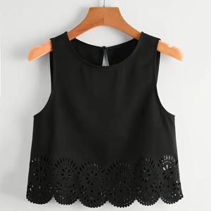 TEMU 여성 캐주얼 스타일 탑, 민소매 플로럴 셔츠, 라운드넥 스케일드 레이저 컷 엣지 단색 탑, 외출, 해변 휴가, 데이트, 식사 모임 및 일상복에 적합