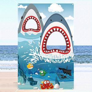 TEMU 1개 하와이안 카툰 상어 & 수중 장면 포토 배경 - 내구성 폴리에스터 풀 파티 데코, 여름 해변 생일 및 루아우 이벤트용 - 전기 불필요, 하와이안 파티 장식
