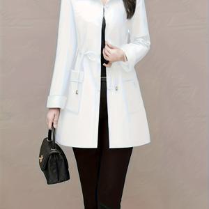 TEMU 여성용 솔리드 컬러 칼라 블라우스 - 드로스트링 허리 & 더블 포켓, 반투명 긴팔 오피스 셔츠, 세탁기 사용 가능 봄 여름 가을 캐주얼 & 프로페셔널 탑