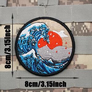 TEMU 가나가와 파도 자수 패치 세트 - 전술 조끼/백팩/의류 호환, 일본 레트로 스타일 사기 배지, 후크 잠금장치, 방수 및 내마모성 스트리트 DIY 액세서리