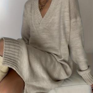 가을 겨울 드레스, 루즈 V넥 롱 여성 드레스