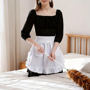 TEMU 1개 빈티지 여성용 허리 앞치마 - ''X27.95'' (47*71Cm) 화이트 + 러플 플리츠 + 2개 포켓 + 23.5'' (59.7Cm) 긴 허리 끈 + 세탁 가능; 레스토랑, 커피숍, 주방, 발렌타인데이, 크리스마스, 코스프레를 위한 사려 깊은 실용적인 선물