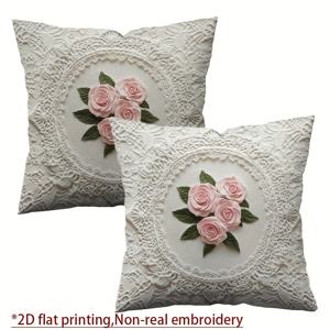 TEMU 핑크 장미 패턴이 있는 레이스 쿠션 커버 2개, 단면 프린트 장식, 45cm x 45cm, 세탁기 사용 가능, 지퍼 잠금, 부드러운 폴리에스터 원단, 거실, 침실, 사무실, 현관, 소파에 적합