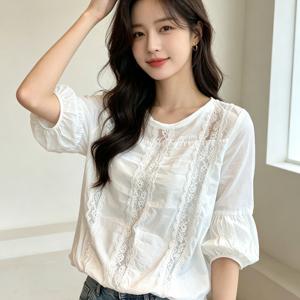 TEMU 여성용 춘하추계 벌룬 소매 셔츠 데일리 캐주얼로 통근하기 좋으며 루즈핏 레이스 티 9부 소매 셔츠 상의 슬림소녀