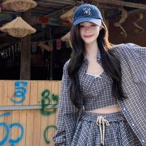 TEMU 2026 신상 여성용 격자무늬 셔츠 캐미솔 반바지 3종 세트 섹시한 슬라우치 캐주얼 한국 스타일 여름 데일리 의상