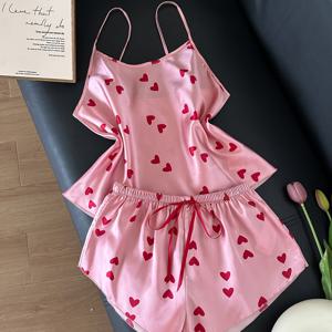 TEMU 달콤하고 로맨틱한 하트 프린트 캐미 쇼츠 2pcs 실내복 세트
