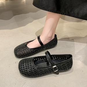 TEMU 여성용 우븐 홀우드 플랫 샌들, 여성용 경량 통기성 메리 제인 플랫, 귀여운 둥근 발가락 캐주얼 플랫 샌들, 여성 신발