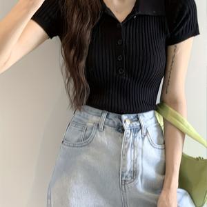 반팔 셔츠, 단색, 숏 탑, 여성 여름 폴로 칼라, 하이웨이스트 골지 티셔츠, 탄성 타이트 탑, 풀오버 베이스 셔츠, 얇은 여성 봄/여름