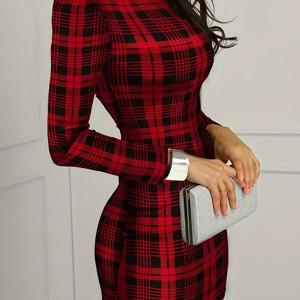 TEMU 캐주얼 체크무늬 스탠드 칼라 긴팔 원피스