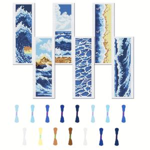 TEMU 물결 테마 십자수 책갈피 DIY 아트 키트 6개 세트 - 인쇄된 십자수 천 6개, 풍부한 자수 실, 자수 도구, 영어 설명서 포함 - 재봉 초보자 및 공예 애호가에게 적합 - 십자수 장식, 명절 선물