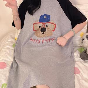 TEMU 카툰 안경이 달린 작은 강아지 잠옷 (탈착식 가슴 패드 포함), 여성 여름 반팔 원피스, 미디 길이의 넉넉한 캐주얼 잠옷, 라운드넥 카툰 작은 강아지 패턴, 시원하고 귀여운 캐주얼 잠옷