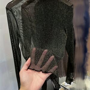TEMU 블랙 메쉬 베이스 레이어 탑 여성용 속옷 쉬어 셔츠 패션 샤이니 세미 하이넥 얇은 쉬어 하이- 시스루 레이스 블라우스