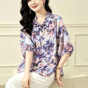 TEMU 시폰 블라우스, 새로운 여름 스타일, 루즈핏, 나이감소 상의, 스타일리시 여성 의류, 엄마용 7/8 소매 플로럴 프린트 블라우스