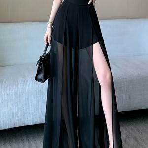 TEMU 하이슬릿 여성용 루즈핏 2-in-1 룩 메쉬 패널 와이드 레그 팬츠, 섹시한 세미 시스루 슬릿 팬츠, 루즈핏 캐주얼 활용도 높은 스타일, 블랙 및 화이트 색상 선택 가능, 올해 트렌디한 새로운 활용도 높은 스타일