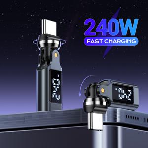 240W 초고속 충전 USB-C to USB-C 어댑터, 540° 회전식 플러그, LED 디지털 디스플레이, 데이터 동기화, 휴대폰 노트북 카메라용 소형 휴대용