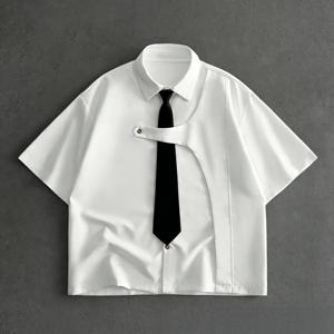 TEMU 남성용 흰색 반팔 셔츠, 프레피 스타일 디자인 반팔 유니폼 셔츠 (탈부착 가능한 넥타이 포함), 데일리 외출, 야외 통근에 적합한 니치 구조 캐주얼 셔츠, 남자친구 선물