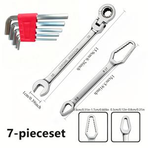 7피스 렌치 세트 (래칫 렌치 1개, 멀티기능 렌치 1개, 대형 육각 렌치 5개 포함) | 180도 회전식 래칫 | 자동차, 자전거, , 보트 정비용 범용 수동 공구 | 가정 및 자동차 수리용 분해 하드웨어 공구 세트