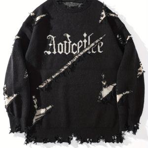TEMU 남성 캐주얼 스트리트웨어 니트 - 루즈핏 드롭숄더, 디스티레스 사자문양 & 뜯린 디테일, 긴팔 풀오버 (가을 겨울용), 중간탄력 소재