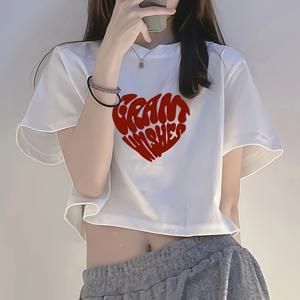 여성용 반팔 티셔츠, 빨간색 레터링 하트 디자인, 여름에 완벽하며 슬림한 몸매 연출