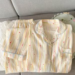 TEMU 프랑스 스타일의 로맨틱하고 달콤한 스트라이프와 폴카 도트 패턴의 우아한 여성용 파자마, 일본/한국 하라주쿠 스타일의 부드럽고 우아하며 패셔너블하고 캐주얼한 홈웨어 파자마, 2025년 봄/가을 신상 2피스 세트, 구름 프린트 긴팔 상의와 긴 바지, 라운지웨어나 아우터웨어로 착용 가능