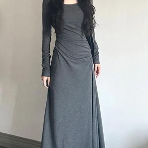 TEMU 여성 춘추동계절 긴팔 원피스 무지 롱 슬림 스퀘어 칼라 셔링 디자인 캐주얼 패션 통근 원단이 편안하고 스판기가 있어 슬림소녀