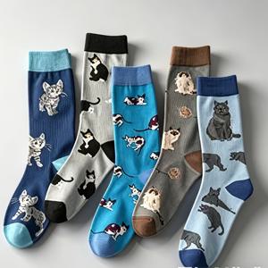 5켤레 여성용 미드 카프 양말 가을 겨울 만화 고양이 패턴 양말, 및 홈웨어에 적합, 부드럽고 편안한 양말