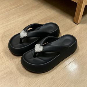 TEMU 여성 하트 라인스톤 플랫폼 , 두꺼운 밑창 웨지 샌들, EVA 비치 슬리퍼, 귀여운 블링 진주 하트 장식, 여름 캐주얼 이지 슬리퍼, 여성 신발