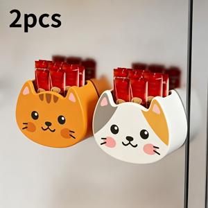 TEMU 고양이 냉장고 보관함 2개 세트 - 강력한 자석, 주방 정리함, 냉장고 선반, 양념통 거치대, 벽걸이형 수납함, 식기 및 도구용, 메이크업 브러쉬 정리함, 친구 선물용